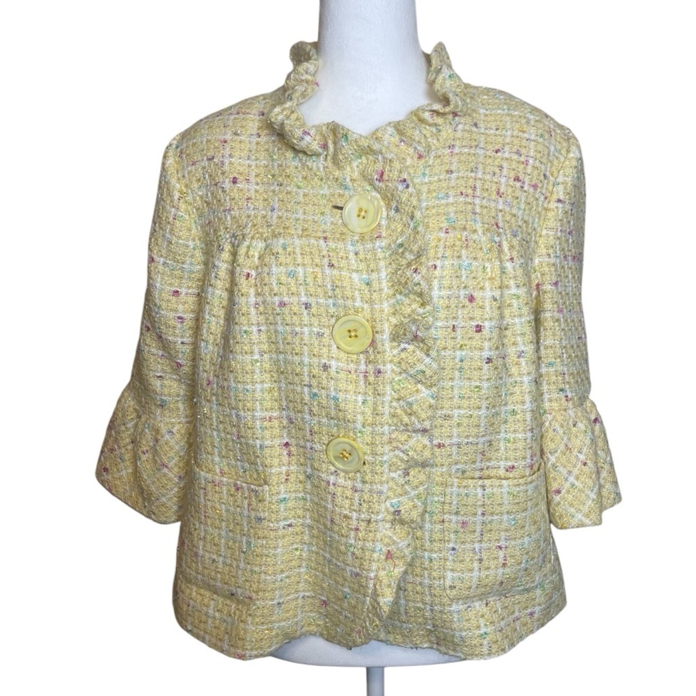 Trenz Petite Pastel Yellow Tweed Ruffle Blazer 3/4 Bell Sleeve PXL Spring Easter